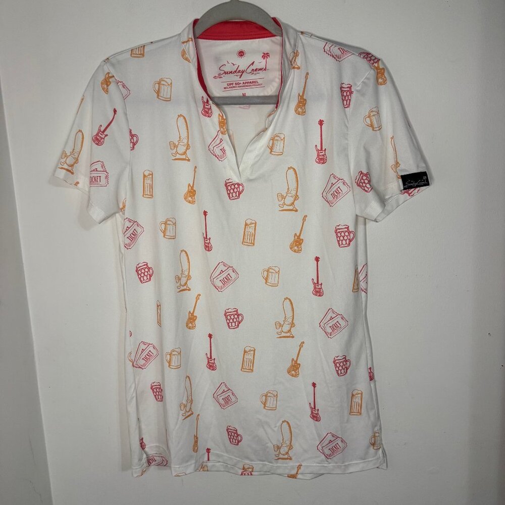 Sunday Crew Polo Shirt Mens M White Hawaiian UPF 50 Summer Funny Pickle T14